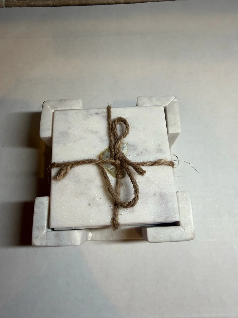 Creative Co-Op Set of 4 Square White Marble Coasters w/ Marble Holder India